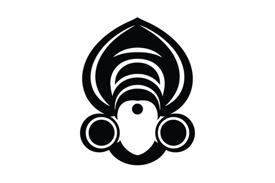 Traditional Kerala Kathakali face vector illustration depicting a stylized black and white cultural icon of Theyyam ritual art with ornamental crown and symbolic elements for South Indian design