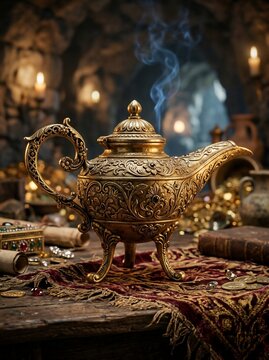 Golden magic lamp with smoke in a treasure cave