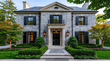 Fototapeta premium Elegant stone house with classic black shutters, surrounded by manicured greenery and lit lanterns