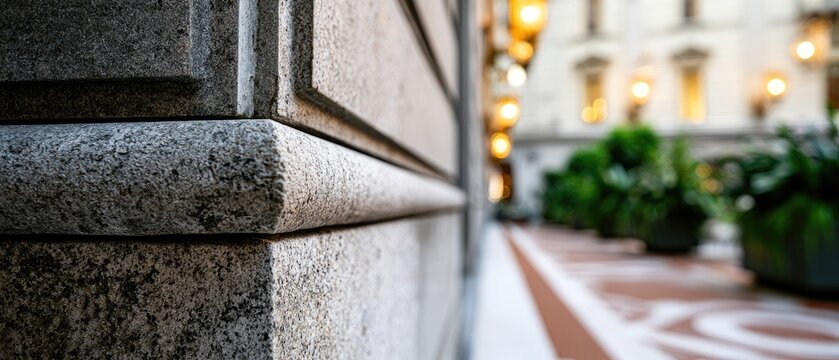 Close-up of textured stone architecture with blurred background lights and plants