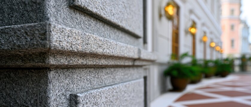 Close-up of a textured stone building facade with ornate details and soft lighting