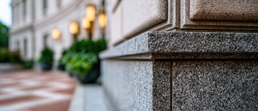 Close-up of textured granite building corner with blurred entrance