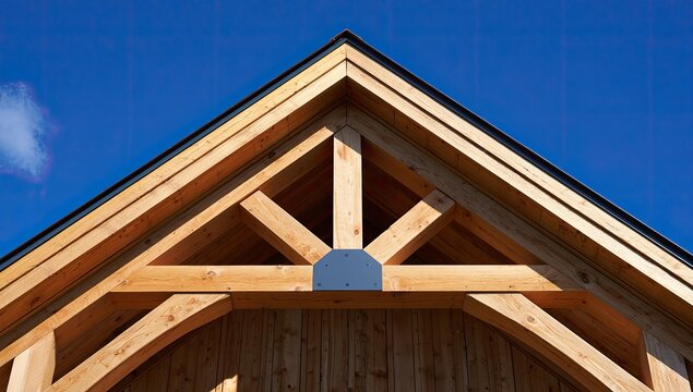 Timber roof truss against a bright blue sky