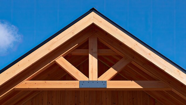 Triangular wooden roof truss structure with sky background