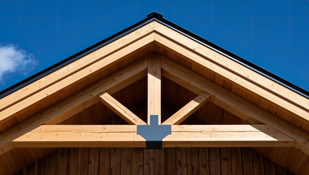 Exposed wooden roof truss structure against a bright blue sky