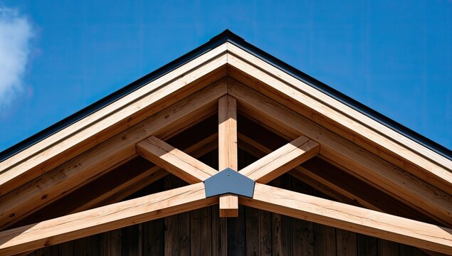 Exposed wooden roof trusses form a geometric peak against a clear sky
