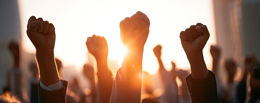 Silhouetted fists raised in unity against a bright sunlit sky