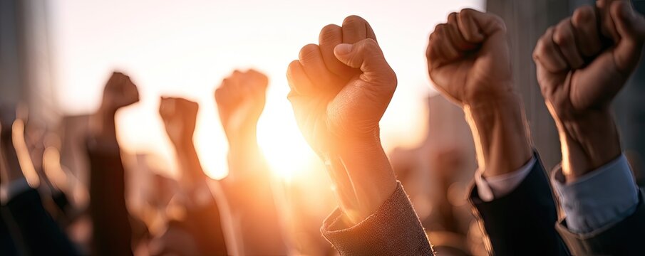Multiple raised fists in the air against a sunset