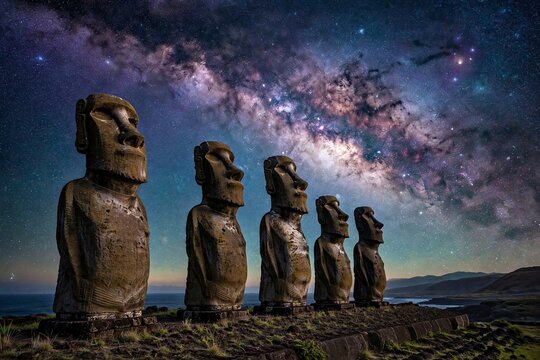 Moai statues Easter Island Chile under stunning Milky Way galaxy night sky, ancient Rapa Nui stone figures on Ahu Tongariki, Pacific Ocean landscape.