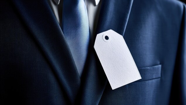 Closeup of a dark suit lapel with a white price tag and blue tie
