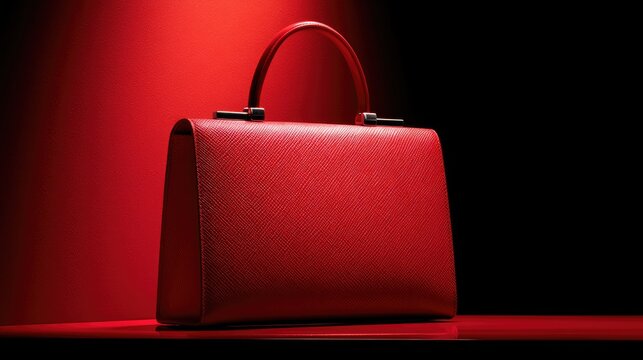 A structured, red, textured handbag with a single handle, showcased against a dramatic dark backdrop