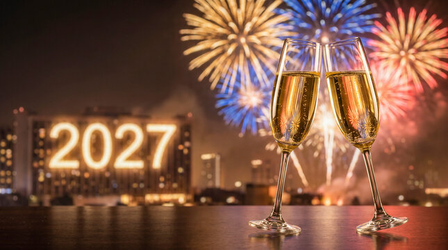 Brindis elegante para celebrar el A&ntilde;o Nuevo 2027 con copas de champ&aacute;n y fuegos artificiales.