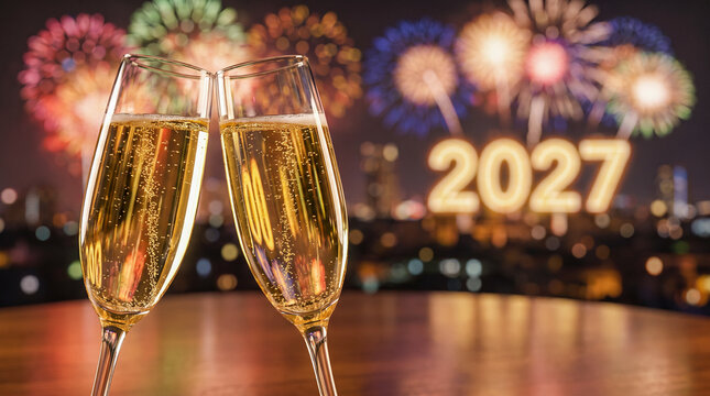 Brindis elegante para celebrar el A&ntilde;o Nuevo 2027 con copas de champ&aacute;n y fuegos artificiales.