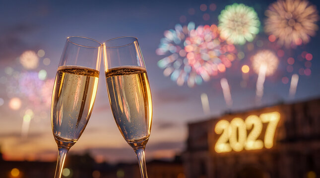 Brindis elegante para celebrar el A&ntilde;o Nuevo 2027 con copas de champ&aacute;n y fuegos artificiales.
