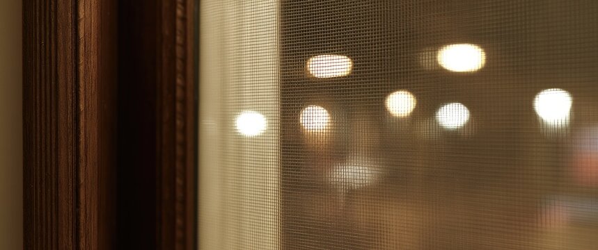 Soft glow of distant lights reflected through a fine mesh curtain
