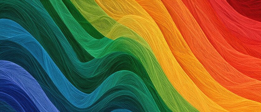Vibrant, wavy bands of color flow diagonally across a dark background