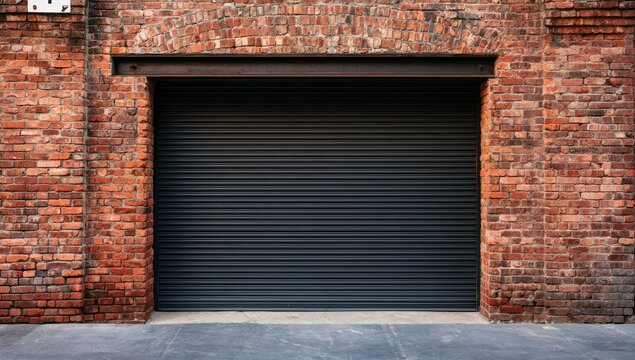 Industrial brick building facade with closed dark metal rolling security door