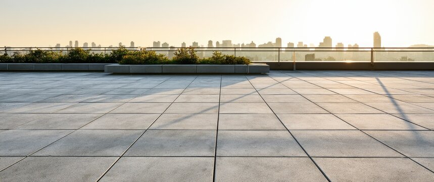 Sunlit rooftop terrace overlooking a city skyline at dawn