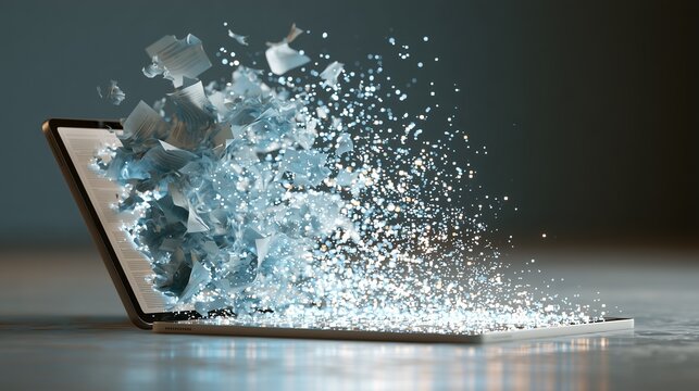Paper documents dissolving into glowing digital pixels flowing into a tablet, digital transformation and paperless office concept