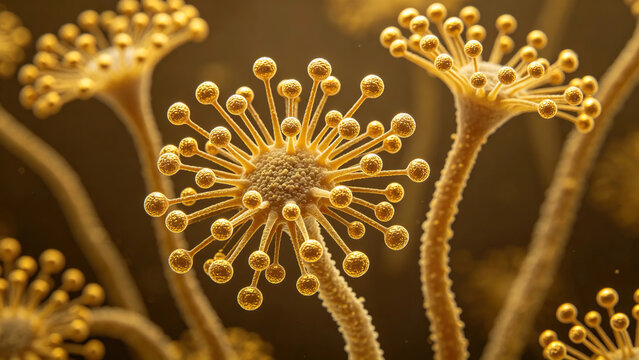 A raw scanning electron micrograph (SEM) of *Aspergillus flavus* conidiophores, showing the typical radiate conidial heads with spherical vesicles.