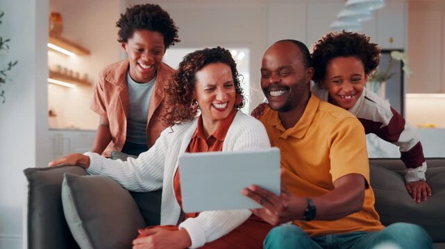 Tablet, funny and family together to laugh, watch online and internet post on home sofa. Parents, run and happy children with technology on couch for video, network connection or bonding in house
