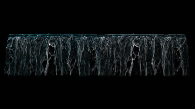 Falling water flows across a clean, reflective surface in this tranquil lobby installation. Projection mapping transforms liquid art into aquatic visuals of pure serenity. A peaceful waterfall cascade