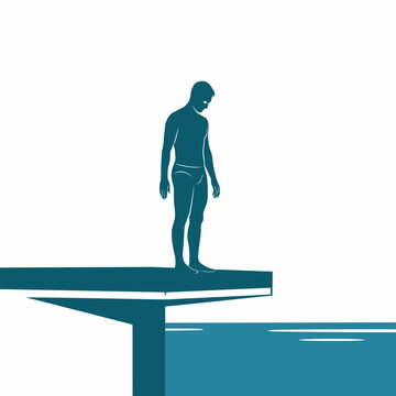 Minimalist teal silhouette of a man standing at the edge of a high diving board overlooking a blue water surface, capturing a serene yet tense atmosphere