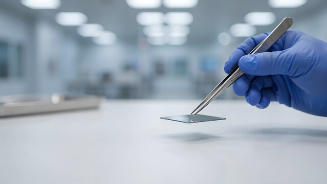 Laboratory technician wearing blue gloves using tweezers to hold a delicate semiconductor silicon wafer for research in a high tech facility
