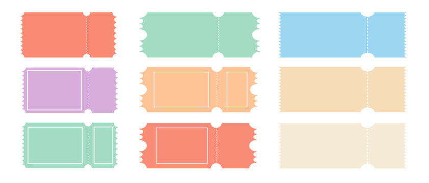 Blank retro ticket templates set with colorful pastel coupon vouchers and empty stubs for cinema concert movie or event admission