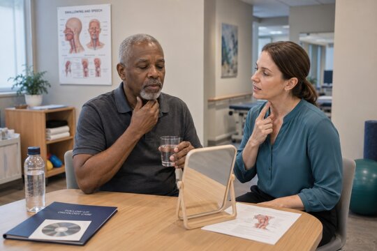 head and neck cancer survivor practices swallowing exercises with a speech therapist using a mirror and water during rehabilitation after radiation treatment and followup care