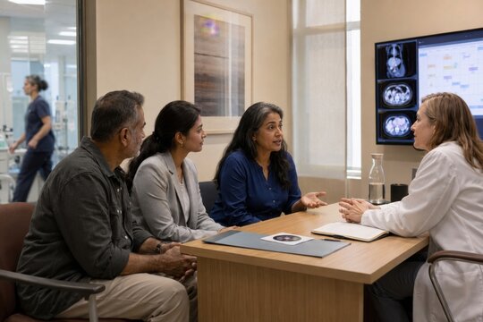 south asian family meets with an oncologist in a modern clinic to discuss scan findings, treatment options and family-centered cancer care planning together in detail