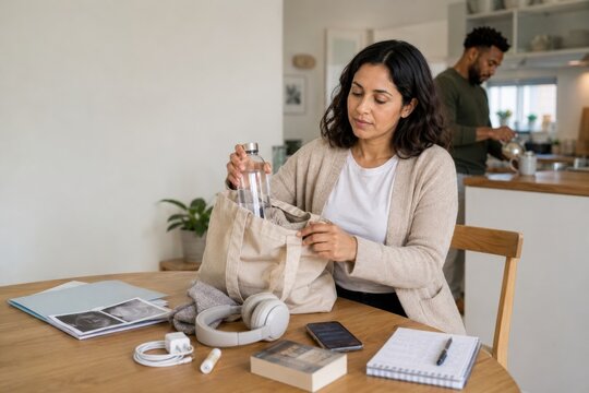 woman packs water, headphones, charger, warm socks and medical records into a tote bag at home before her first chemotherapy infusion, planning comfort and practical support