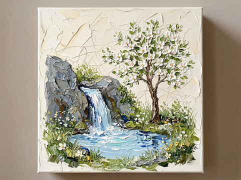 Impasto oil painting of a waterfall and blooming tree
