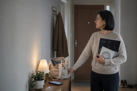 woman pauses by the door with scan documents and an appointment reminder, capturing fear of recurrence, scanxiety and the emotional weight of oncology follow up