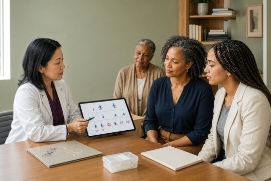 genetic counselor explains hereditary cancer risk to a mother, adult daughter and older relative using a family pedigree during an inclusive clinic consultation