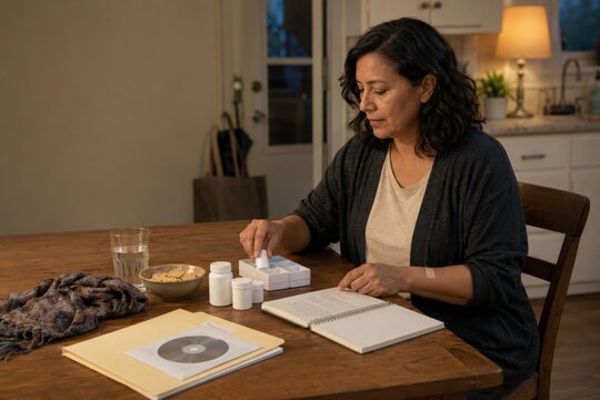 woman organizes anti nausea medicine in a pill box at home and reviews notes, planning symptom relief and supportive care around her cancer treatment schedule with confidence