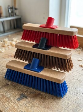 stack of colorful wooden floor brushes in a workshop