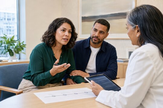 couple meets an oncologist to review a cancer treatment pathway on a tablet, showing clear explanation, shared decisions and supportive planning before therapy