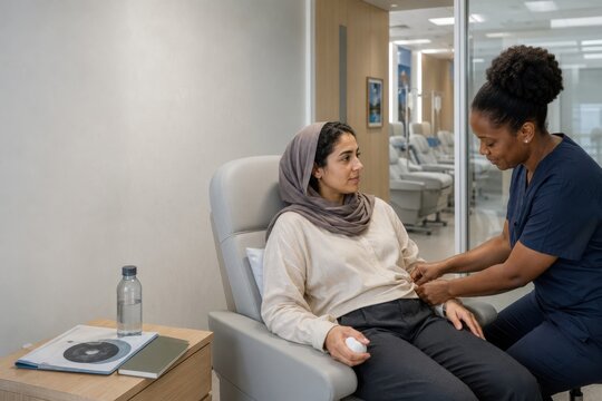 young woman receives an ovarian suppression injection from a nurse in an outpatient oncology clinic, showing compassionate support during breast cancer hormone treatment