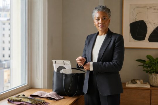 mature breast cancer survivor gets ready by the window before leaving, with medical records in her bag and a calm professional look that reflects return to work confidence