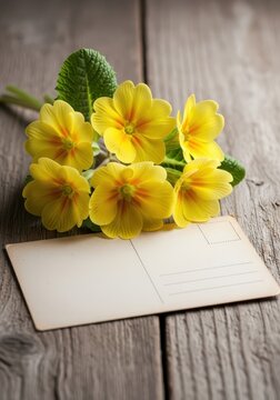 Beautiful yellow primroses arranged on a rustic wooden table next to a blank vintage postcard for spring greetings, card, invitation, purple