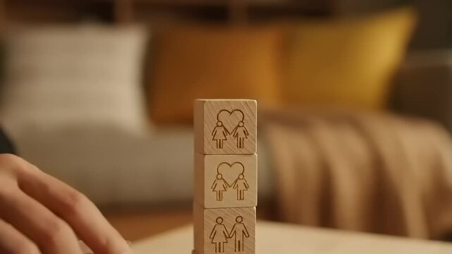 Hand Stacking Wooden Blocks with Heart Symbols.
