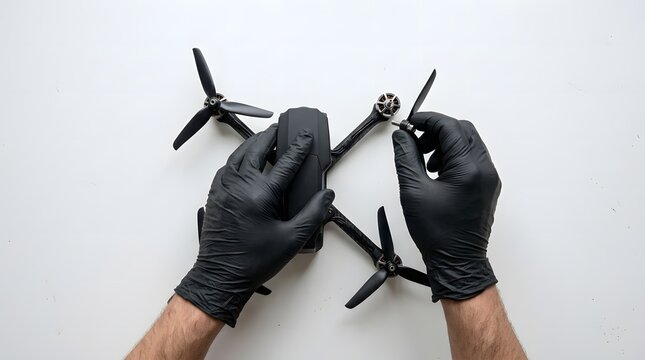 Technician assembling propeller on black quadcopter drone top view