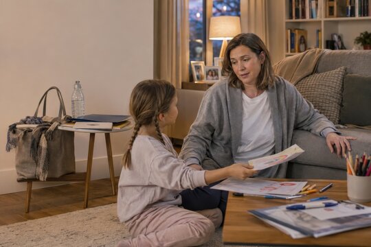 mother in cancer recovery gently talks with her young daughter while drawing at home, showing honest parenting, fatigue and emotional support during treatment