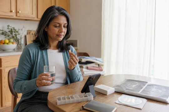 woman takes scheduled oral targeted therapy with water at home, using a pill organizer and phone reminder to support medication adherence during long term cancer care