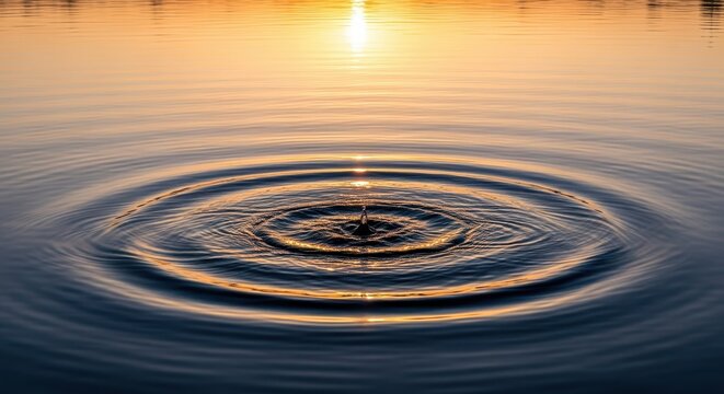 Gentle concentric ripples spread across the surface of a calm lake during a peaceful dawn, reflecting soft golden light and blue shadows, motion, droplet, ripple