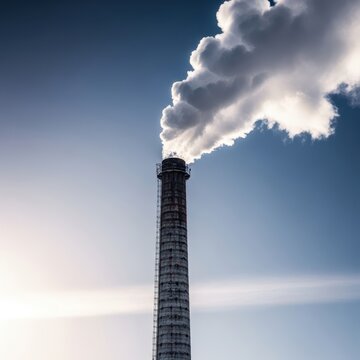 Industrial chimney stack billowing thick white smoke into the icy atmosphere on a bleak, freezing winter day, seasonal, vapor, sky