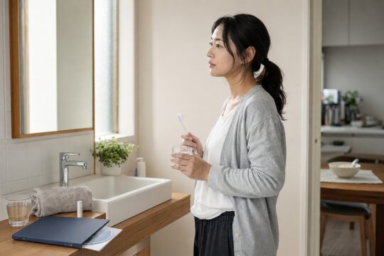 woman uses a soft toothbrush and water for gentle mouth care during cancer treatment, managing mucositis symptoms with soft foods and careful daily hygiene and hydration