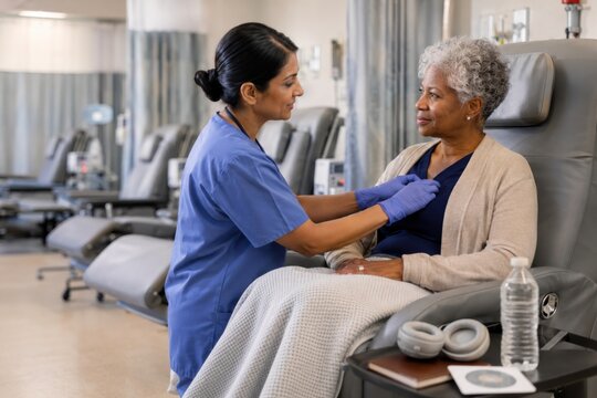 oncology nurse accesses a chest port with gloved hands as a woman rests in an infusion chair, showing skilled cancer nursing, safe vascular care and treatment preparation