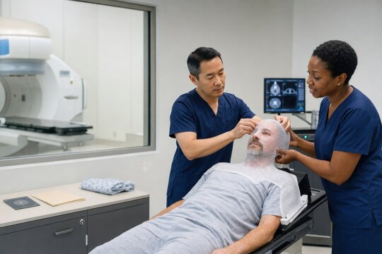 radiotherapy team gently fits a custom immobilization mask for a man with head and neck cancer, preparing accurate treatment positioning with clear supportive communication